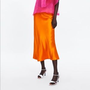 NWT Zara Orange Satiny Midi Skirt, XS